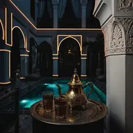 Une théière et des verres sur un plateau en cuivre, dans un riad la nuit, devant un bassin éclairé