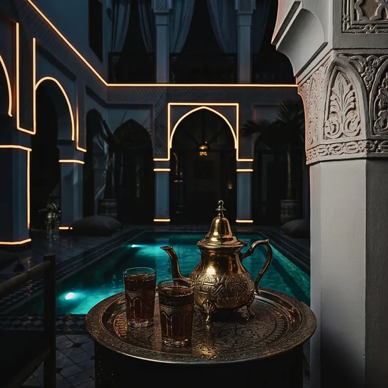 Une théière et des verres sur un plateau en cuivre, dans un riad la nuit, devant un bassin éclairé