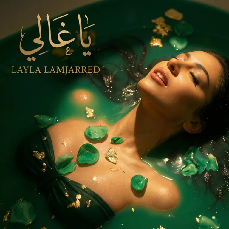 Une femme allongée dans une eau verte, les yeux fermés, entourée de pierres vertes et de feuilles d’or