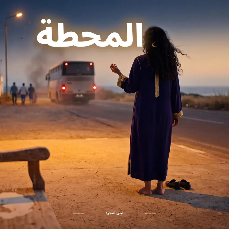 Une femme pieds nus en caftan violet fait signe à un car qui s’éloigne au coucher du soleil