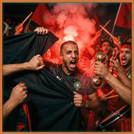 Des supporters marocains crient dans une fumée rouge sous des drapeaux, l’un d’eux tient des qraqeb