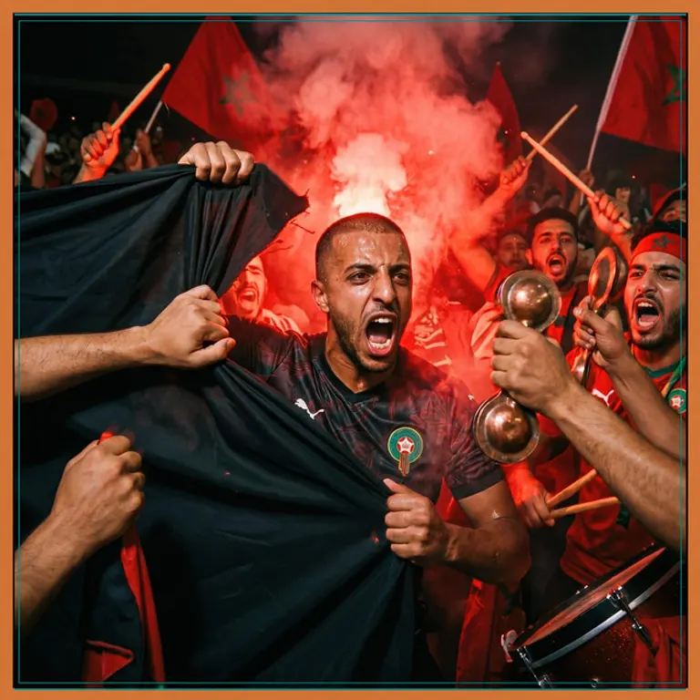 Des supporters marocains crient dans une fumée rouge sous des drapeaux, l’un d’eux tient des qraqeb