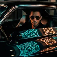 Un homme en lunettes noires dans une voiture noire, des motifs bleus lumineux sur la portière
