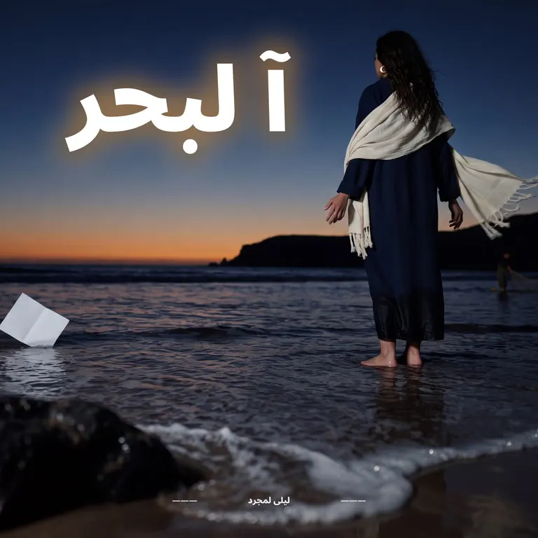 Une femme en tenue sombre et châle blanc, debout dans l’eau au bord de la mer au crépuscule